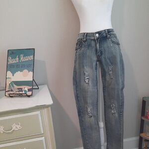 Thrill Women's Straight Leg Jeans with Distressed Details - Light Blue